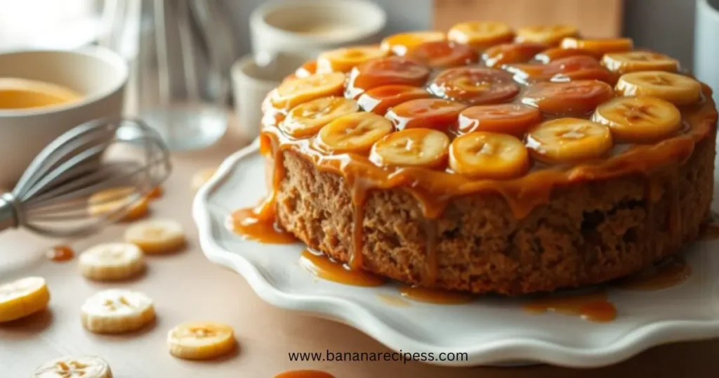 A rich and moist banana foster cake topped with caramelized bananas and a drizzle of warm caramel sauce, served on a rustic cake stand.