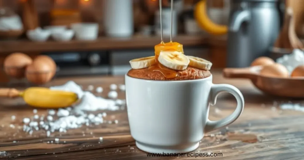 Close-up of a moist and fluffy banana bread mug cake topped with chocolate chips, served in a white mug on a wooden table, with ripe bananas in the background.