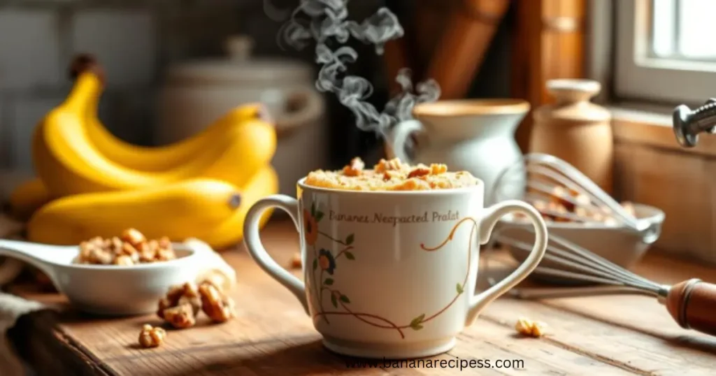 Close-up of a moist and fluffy banana bread mug cake topped with chocolate chips, served in a white mug on a wooden table, with ripe bananas in the background.