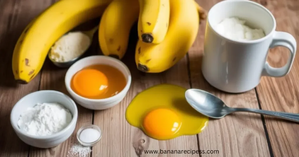Close-up of a moist and fluffy banana bread mug cake topped with chocolate chips, served in a white mug on a wooden table, with ripe bananas in the background.