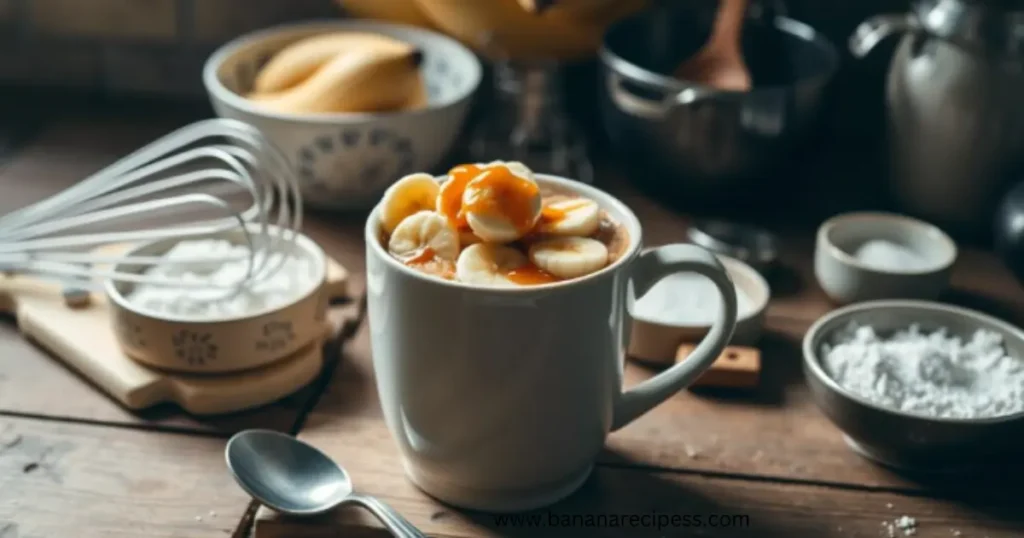 Close-up of a moist and fluffy banana bread mug cake topped with chocolate chips, served in a white mug on a wooden table, with ripe bananas in the background.