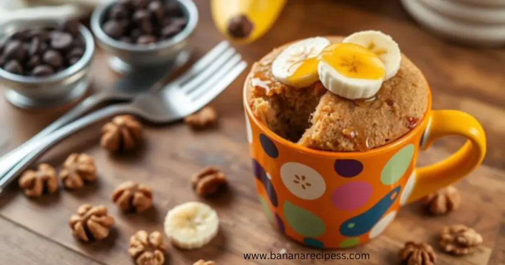 Close-up of a moist and fluffy banana bread mug cake topped with chocolate chips, served in a white mug on a wooden table, with ripe bananas in the background.