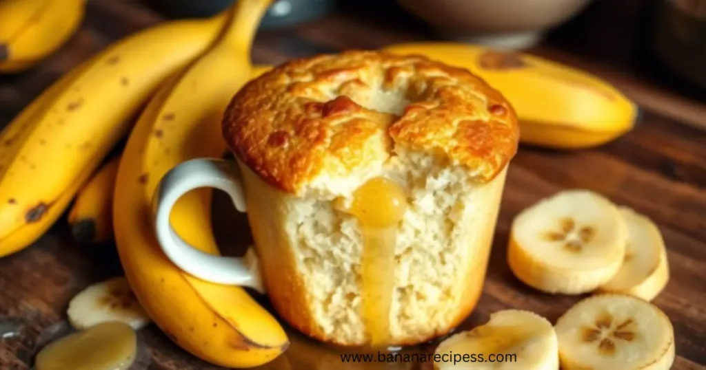 Close-up of a moist and fluffy banana bread mug cake topped with chocolate chips, served in a white mug on a wooden table, with ripe bananas in the background.