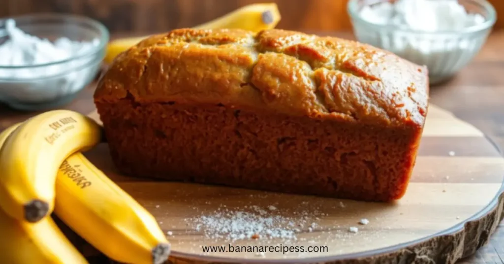 Freshly baked coconut flour banana bread sliced and served on a wooden cutting board