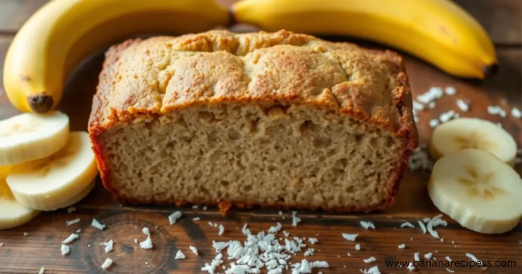 Freshly baked coconut flour banana bread sliced and served on a wooden cutting board