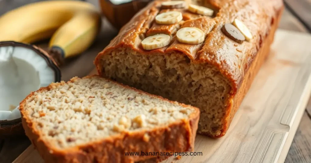 Freshly baked coconut flour banana bread sliced and served on a wooden cutting board