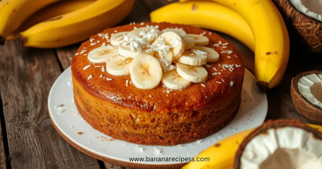 Freshly baked coconut flour banana bread sliced and served on a wooden cutting board
