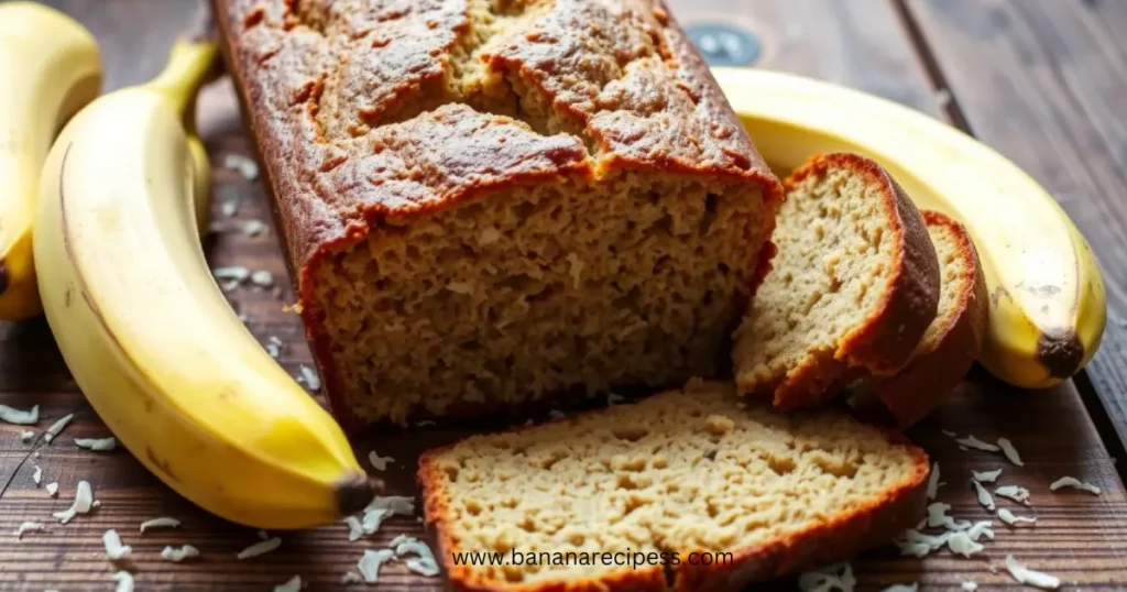 Freshly baked coconut flour banana bread sliced and served on a wooden cutting board