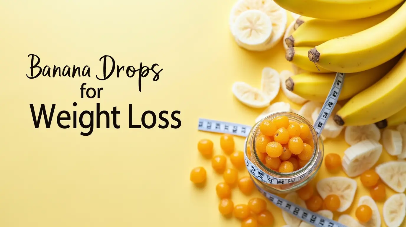 A vibrant display of banana drops arranged on a clean surface, surrounded by fresh banana slices and a measuring tape, symbolizing a healthy and weight-loss-friendly snack option.