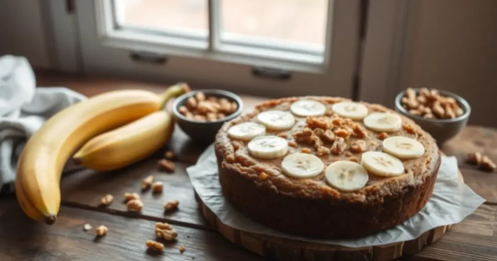 A golden-brown banana nut snack cake sliced to reveal its moist texture, topped with chopped nuts and placed on a rustic wooden platter. Surrounding the cake are fresh bananas, a small bowl of mixed nuts, and a drizzle of honey, set against a warm, inviting kitchen backdrop with natural lighting.