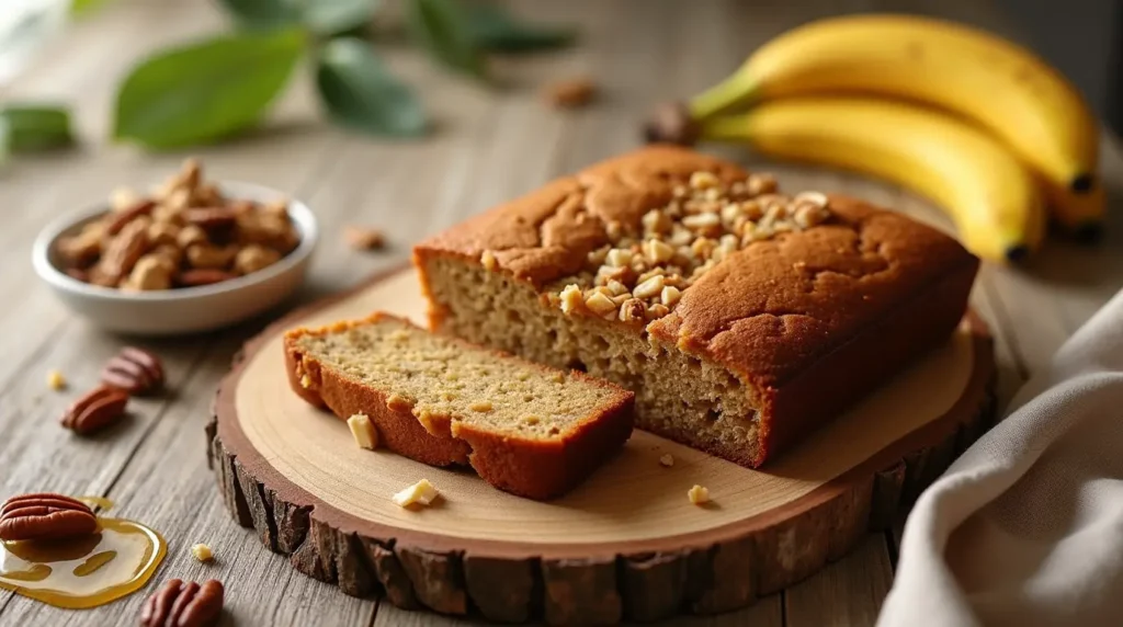 A golden-brown banana nut snack cake sliced to reveal its moist texture, topped with chopped nuts and placed on a rustic wooden platter. Surrounding the cake are fresh bananas, a small bowl of mixed nuts, and a drizzle of honey, set against a warm, inviting kitchen backdrop with natural lighting.