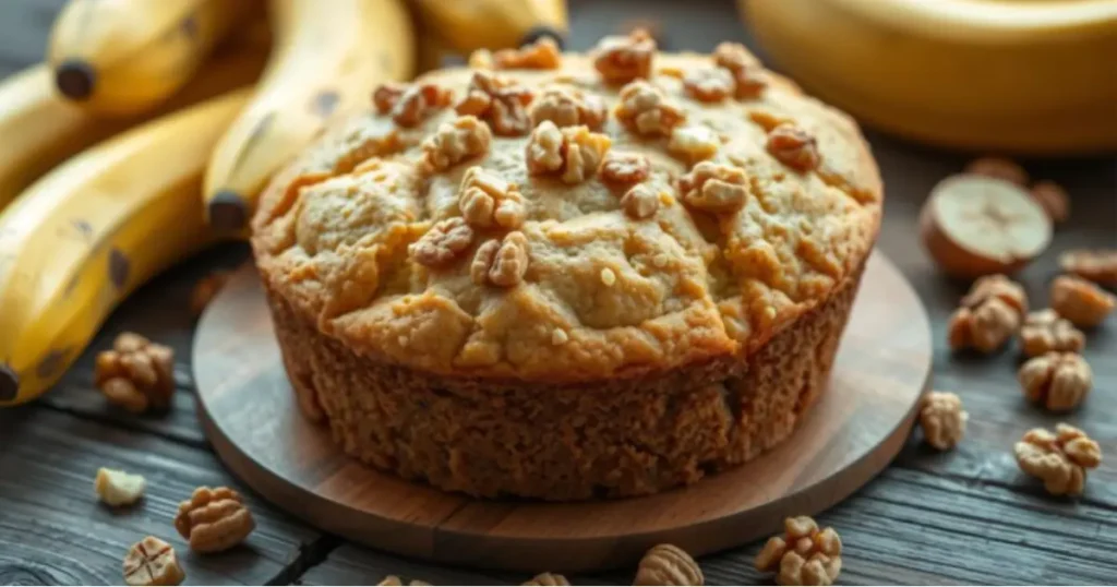 A golden-brown banana nut snack cake sliced to reveal its moist texture, topped with chopped nuts and placed on a rustic wooden platter. Surrounding the cake are fresh bananas, a small bowl of mixed nuts, and a drizzle of honey, set against a warm, inviting kitchen backdrop with natural lighting.