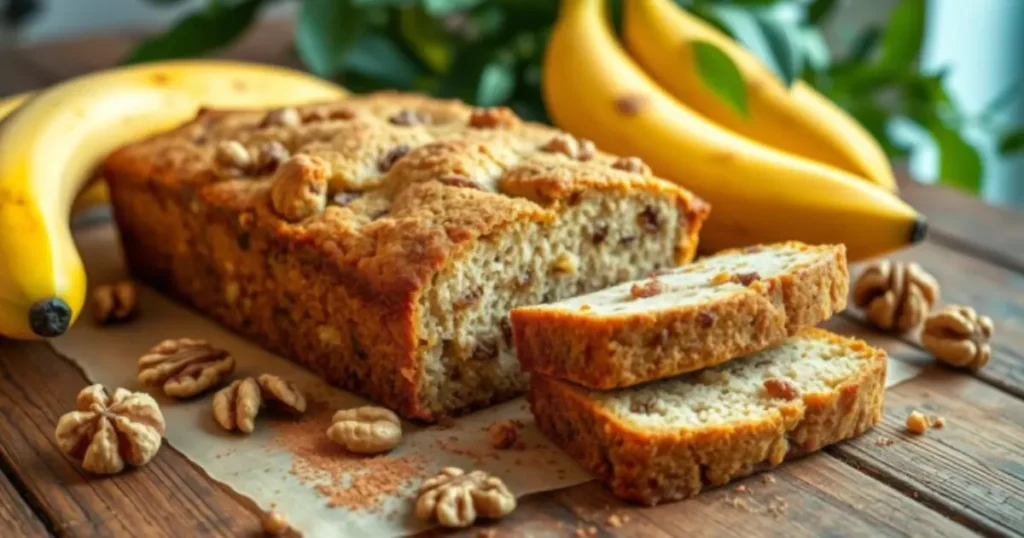 A golden-brown banana nut snack cake sliced to reveal its moist texture, topped with chopped nuts and placed on a rustic wooden platter. Surrounding the cake are fresh bananas, a small bowl of mixed nuts, and a drizzle of honey, set against a warm, inviting kitchen backdrop with natural lighting.