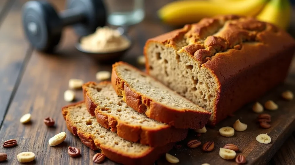 A freshly baked loaf of high-protein banana bread, sliced to reveal its moist texture, surrounded by fitness props like a protein shaker, dumbbells, and ripe bananas. Perfect for fitness lovers seeking a nutritious and delicious snack.