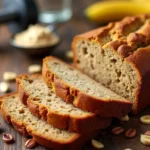 A freshly baked loaf of high-protein banana bread, sliced to reveal its moist texture, surrounded by fitness props like a protein shaker, dumbbells, and ripe bananas. Perfect for fitness lovers seeking a nutritious and delicious snack.