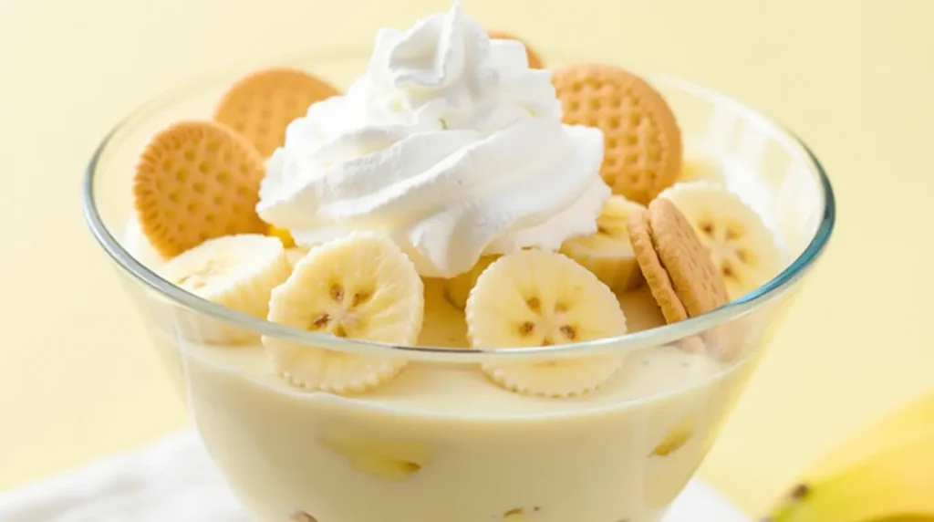 Featured image of The Best Homemade Banana Pudding Recipe, showcasing a glass dish filled with creamy layers of banana pudding, fresh banana slices, and vanilla wafers, topped with a dollop of whipped cream, set against a light, inviting background