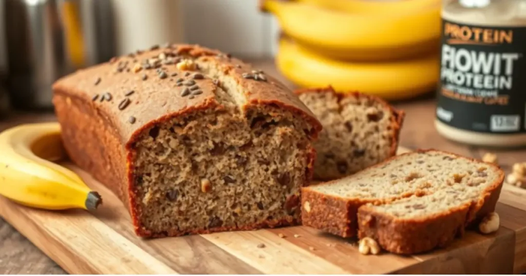 A freshly baked loaf of high-protein banana bread, sliced to reveal its moist texture, surrounded by fitness props like a protein shaker, dumbbells, and ripe bananas. Perfect for fitness lovers seeking a nutritious and delicious snack