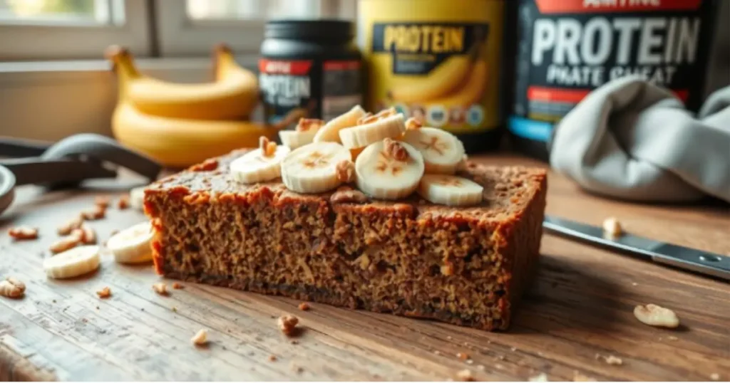 A freshly baked loaf of high-protein banana bread, sliced to reveal its moist texture, surrounded by fitness props like a protein shaker, dumbbells, and ripe bananas. Perfect for fitness lovers seeking a nutritious and delicious snack