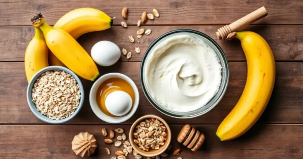 A freshly baked loaf of high-protein banana bread, sliced to reveal its moist texture, surrounded by fitness props like a protein shaker, dumbbells, and ripe bananas. Perfect for fitness lovers seeking a nutritious and delicious snack