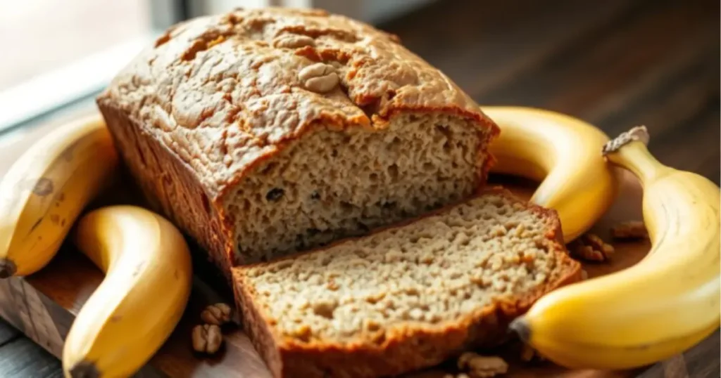 A freshly baked loaf of high-protein banana bread, sliced to reveal its moist texture, surrounded by fitness props like a protein shaker, dumbbells, and ripe bananas. Perfect for fitness lovers seeking a nutritious and delicious snack