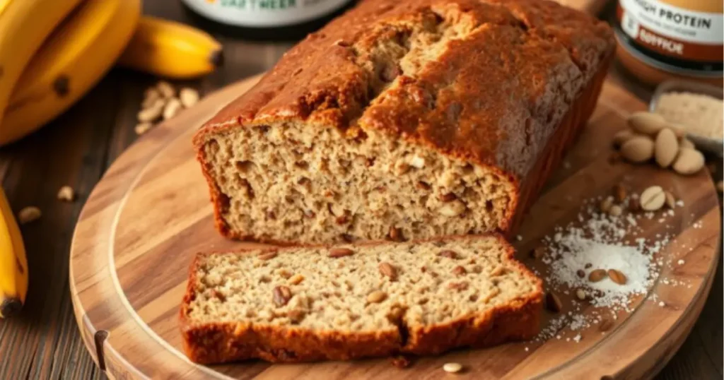 A freshly baked loaf of high-protein banana bread, sliced to reveal its moist texture, surrounded by fitness props like a protein shaker, dumbbells, and ripe bananas. Perfect for fitness lovers seeking a nutritious and delicious snack