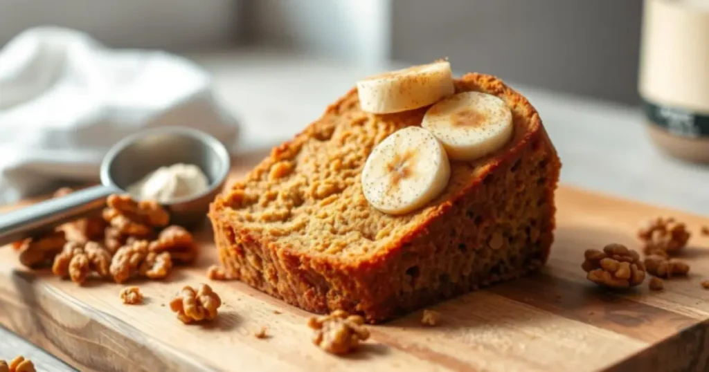 A freshly baked loaf of high-protein banana bread, sliced to reveal its moist texture, surrounded by fitness props like a protein shaker, dumbbells, and ripe bananas. Perfect for fitness lovers seeking a nutritious and delicious snack
