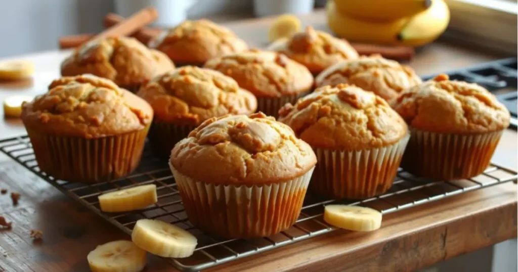 Freshly baked banana muffins arranged on a wooden tray, golden-brown and fluffy, with a broken muffin showing its moist texture. Surrounded by ripe bananas, a bowl of flour, and walnuts, highlighting the homemade feel. Text overlay reads: 'Simple Banana Muffin Recipe: Ready in Just 30 Minutes.' Blog domain www.bananarecipess.com is displayed in the footer.