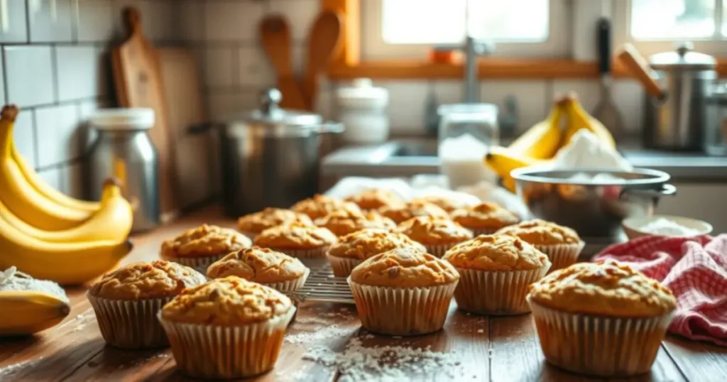 Freshly baked banana muffins arranged on a wooden tray, golden-brown and fluffy, with a broken muffin showing its moist texture. Surrounded by ripe bananas, a bowl of flour, and walnuts, highlighting the homemade feel. Text overlay reads: 'Simple Banana Muffin Recipe: Ready in Just 30 Minutes.' Blog domain www.bananarecipess.com is displayed in the footer.
