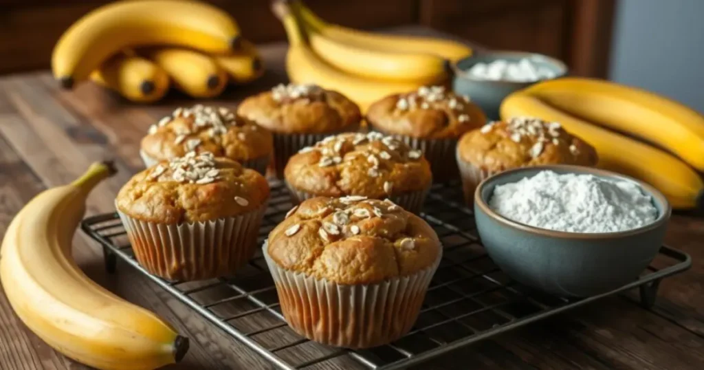 Freshly baked banana muffins arranged on a wooden tray, golden-brown and fluffy, with a broken muffin showing its moist texture. Surrounded by ripe bananas, a bowl of flour, and walnuts, highlighting the homemade feel. Text overlay reads: 'Simple Banana Muffin Recipe: Ready in Just 30 Minutes.' Blog domain www.bananarecipess.com is displayed in the footer.