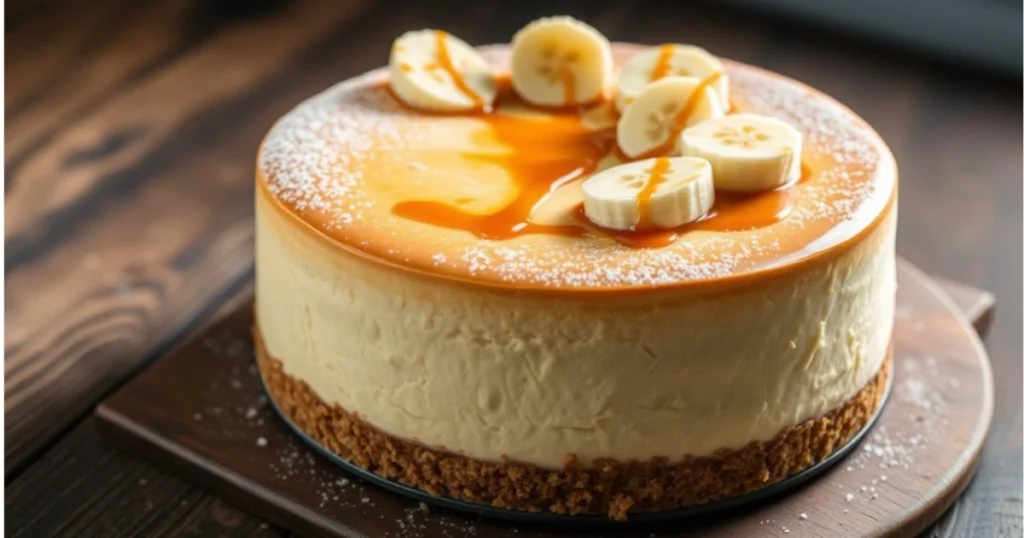 Decadent banana cream cheesecake with a graham cracker crust, topped with fresh banana slices, whipped cream, and caramel drizzle, served on a white plate.
