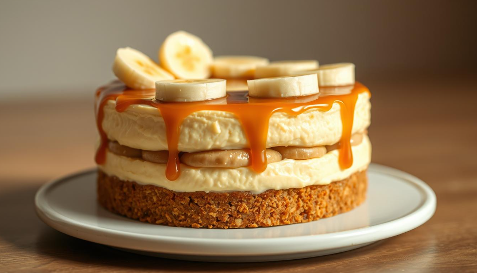 A rich and creamy banana cream cheesecake with a golden graham cracker crust, topped with fresh banana slices, fluffy whipped cream, and a drizzle of caramel, served on a white plate.