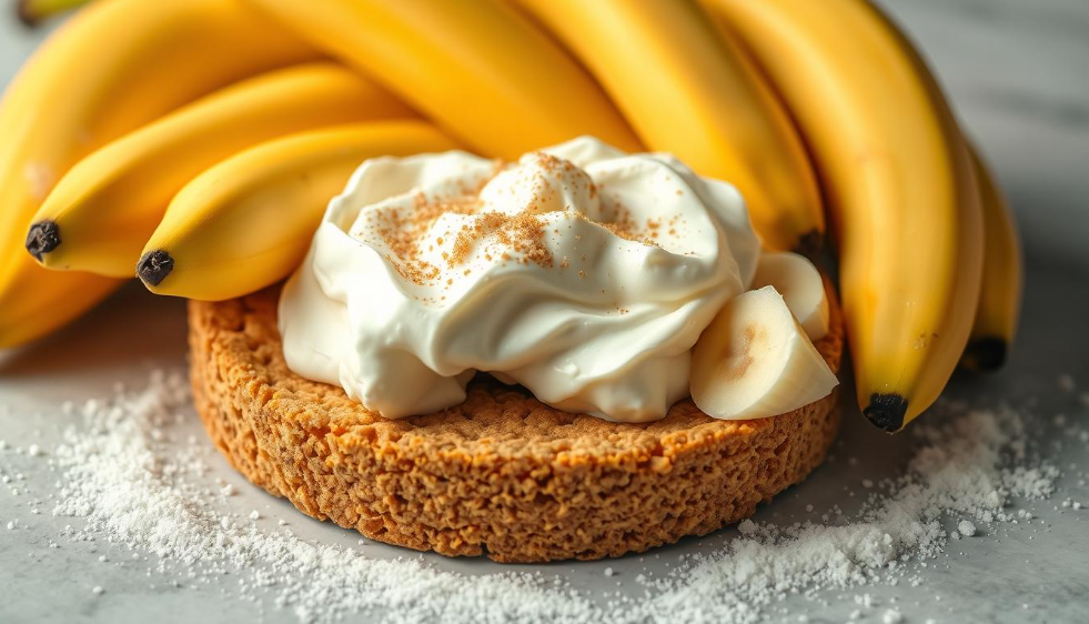 A rich and creamy banana cream cheesecake with a golden graham cracker crust, topped with fresh banana slices, fluffy whipped cream, and a drizzle of caramel, served on a white plate.