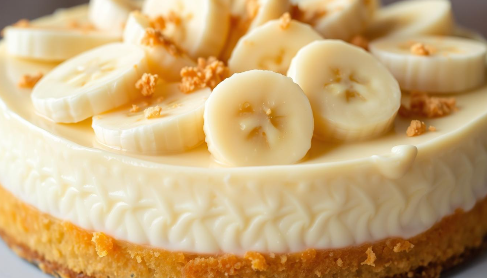 A rich and creamy banana cream cheesecake with a golden graham cracker crust, topped with fresh banana slices, fluffy whipped cream, and a drizzle of caramel, served on a white plate.