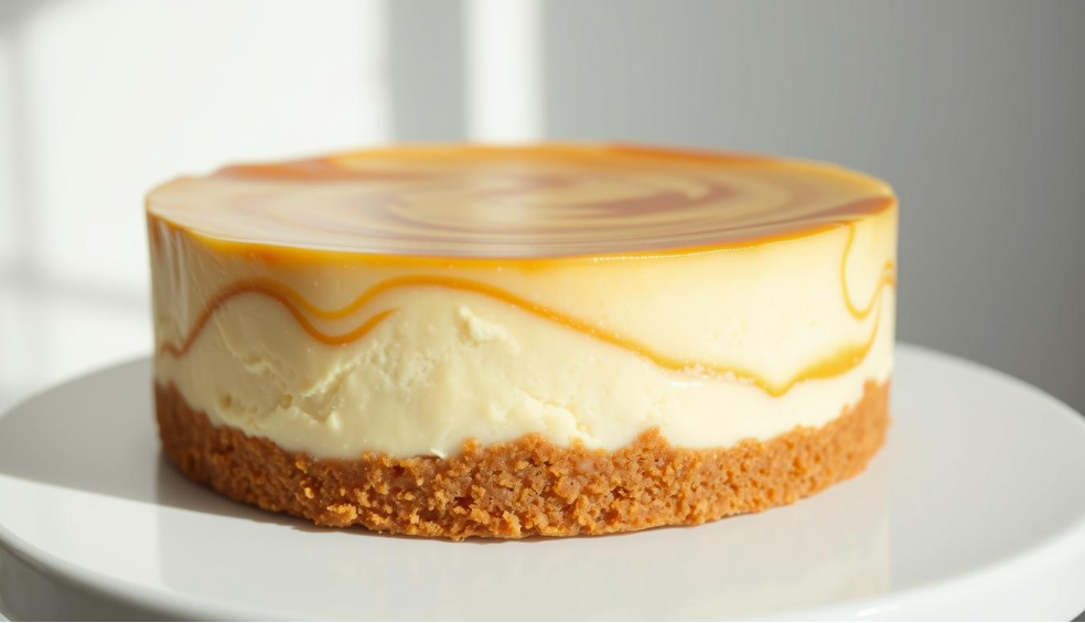 A rich and creamy banana cream cheesecake with a golden graham cracker crust, topped with fresh banana slices, fluffy whipped cream, and a drizzle of caramel, served on a white plate.