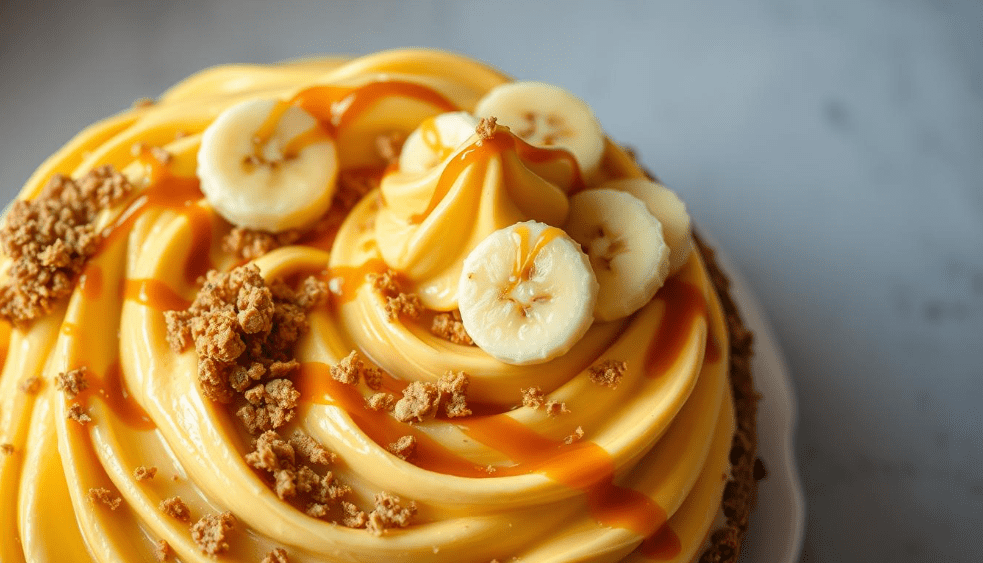 A rich and creamy banana cream cheesecake with a golden graham cracker crust, topped with fresh banana slices, fluffy whipped cream, and a drizzle of caramel, served on a white plate.