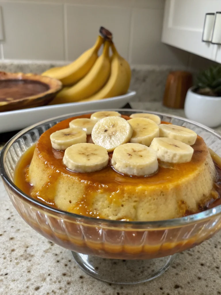 Banana Flan :Creamy custard dessert with banana flavor and tropical coconut caramel sauce